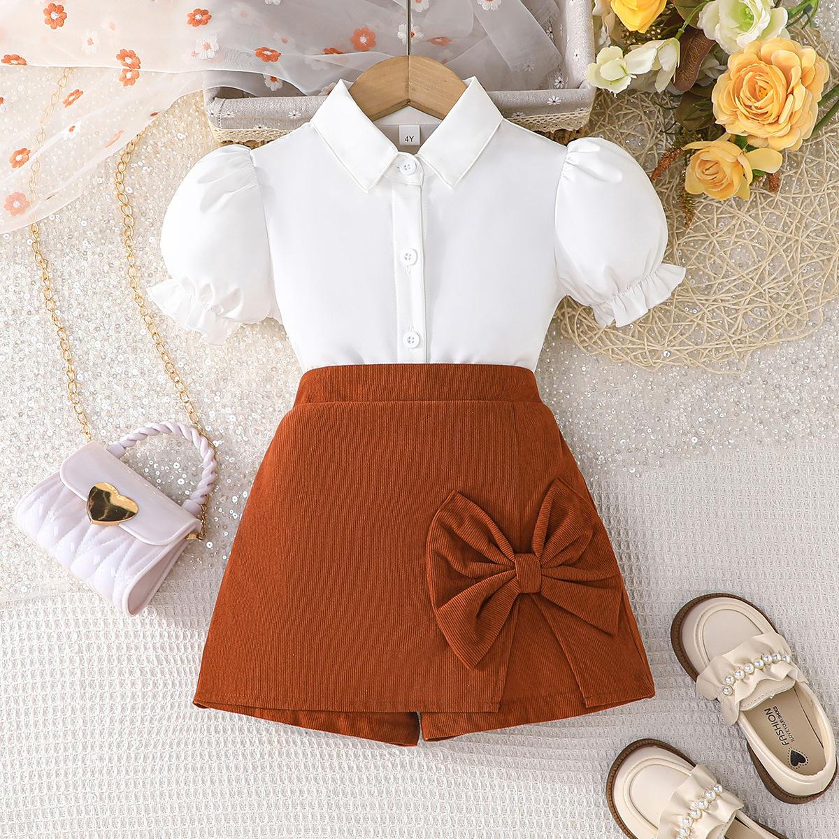 

Girls Two-Piece Set with Puff Sleeves, Turn-Down Collar Cardigan, and Bowknot Skirt Pants 7Y коричневий