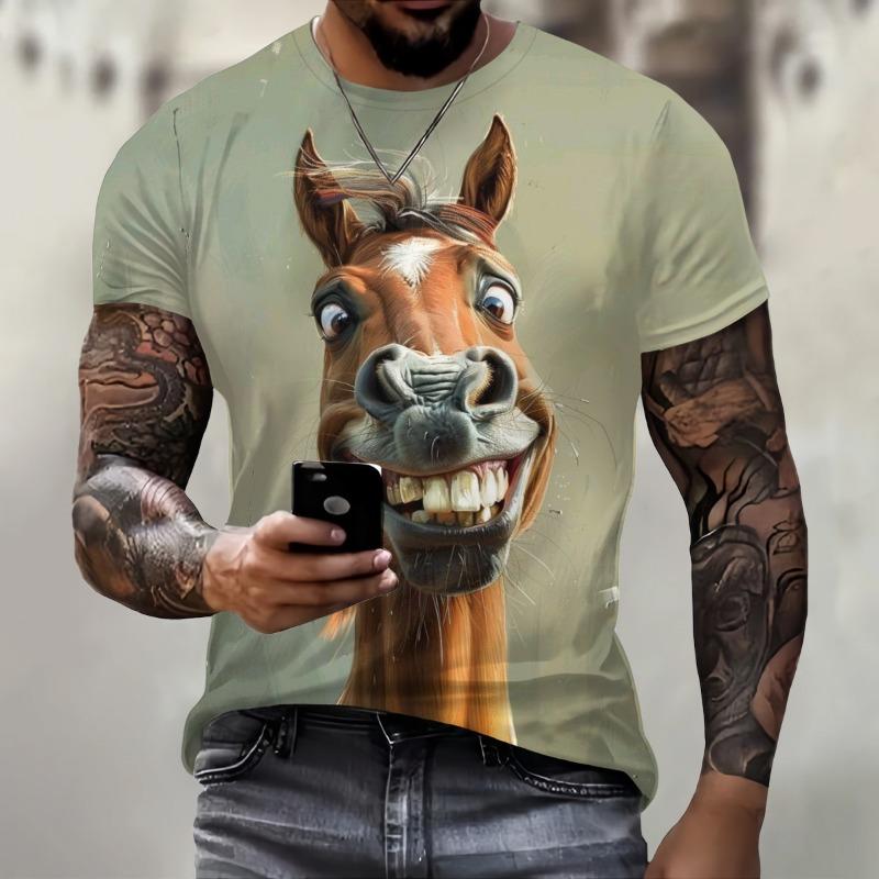 T-shirt da uomo a maniche corte con stampa 3D motivo cavallo stile retrò casual street sport outdoor maglietta girocollo top cloti