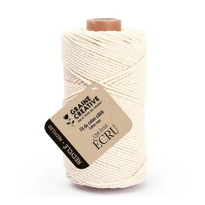 Bobine de fil de coton câblé recyclé - Ecru - 100 m - Ø 2 mm - 400 g - Fabrication Europe