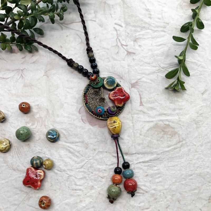 New Forest handmade ceramic necklace, women's retro versatile sweater chain simple long accessories pendant