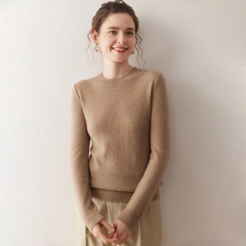 Women's Pure Cashmere Knit Pullover - Simple, Versatile Solid Color, Round Neck, Soft and Slimming Base Layer.