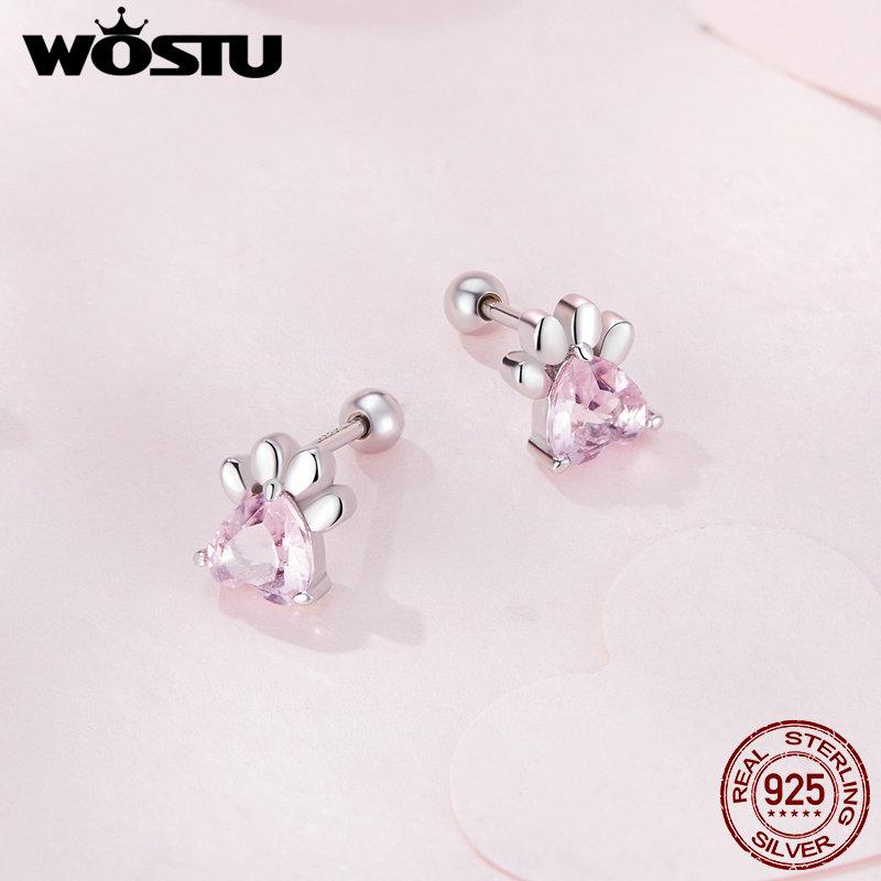 WOSTU 925 Sterling Silver Pink Zircon Pet Dog Paw Stud Earrings For Women Lovely Heart Zircon Ear Studs Birthday Jewelry Gift