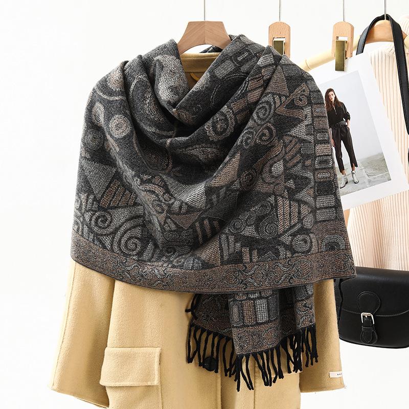 Jacquard Scarf Shawl with Decorative Imitation Cashmere Scarf for Women Winter High End New Style Thickened Ethnic Style Shawl
