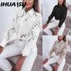 Blusas y camisas con cuello POLO de manga larga con estampado de Color sólido informal a la moda para mujer