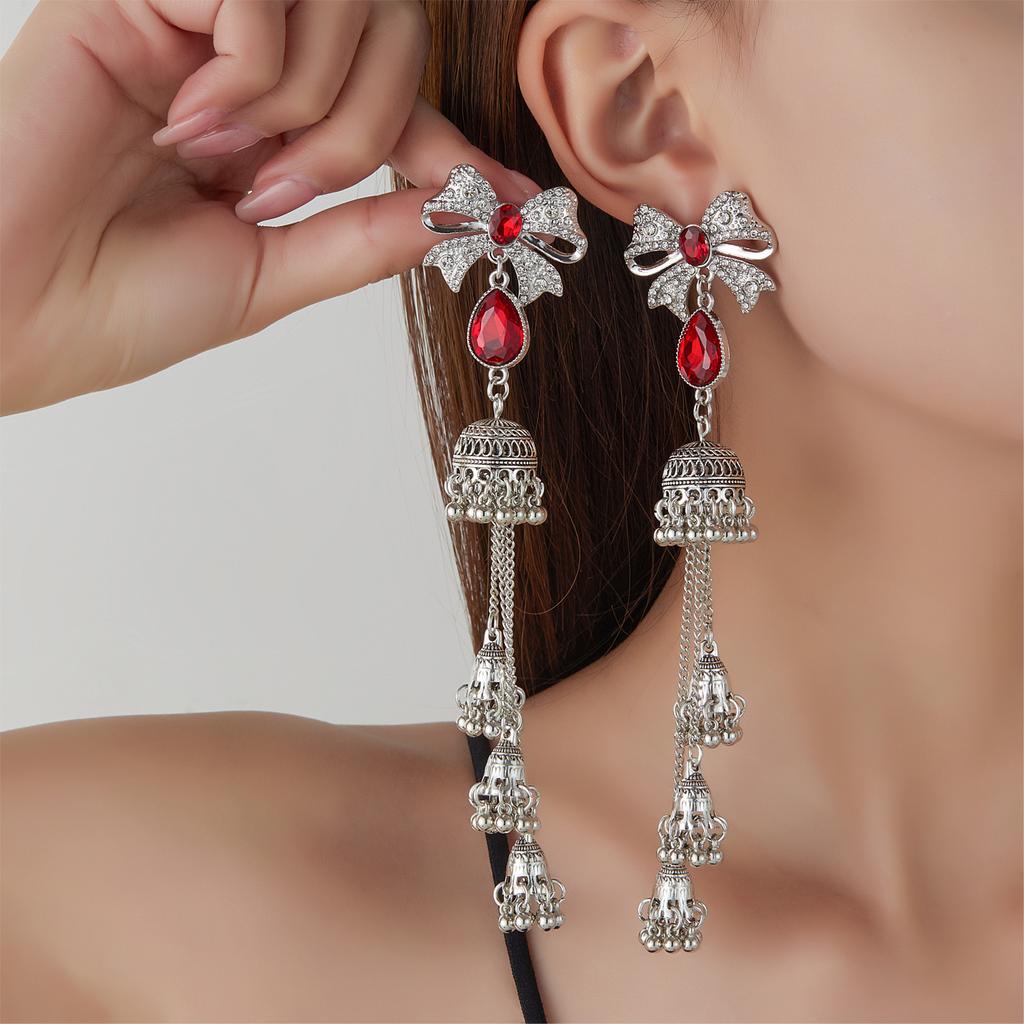 Bow-Set Diamond-Fringed Wind Chime Earrings For Women, Retro Ethnic Feng Shui Drop Elegant Temperament Earrings