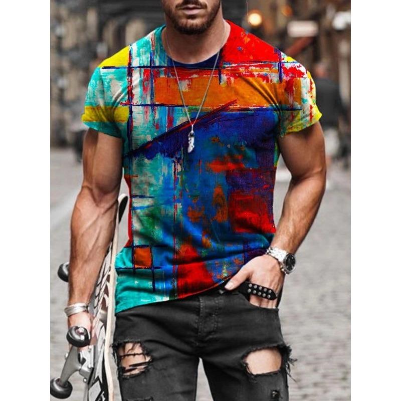 Herrs 3D-printad Street Fashion T-shirt Färgstarkt Mönstertryck Kortärmad Rundhalsad Tröja Vardaglig Topp