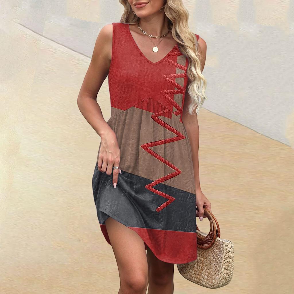 Women's Summer V-neck Casual Beach Vacation Style Striped Printed Sleeveless Patchwork Dresses