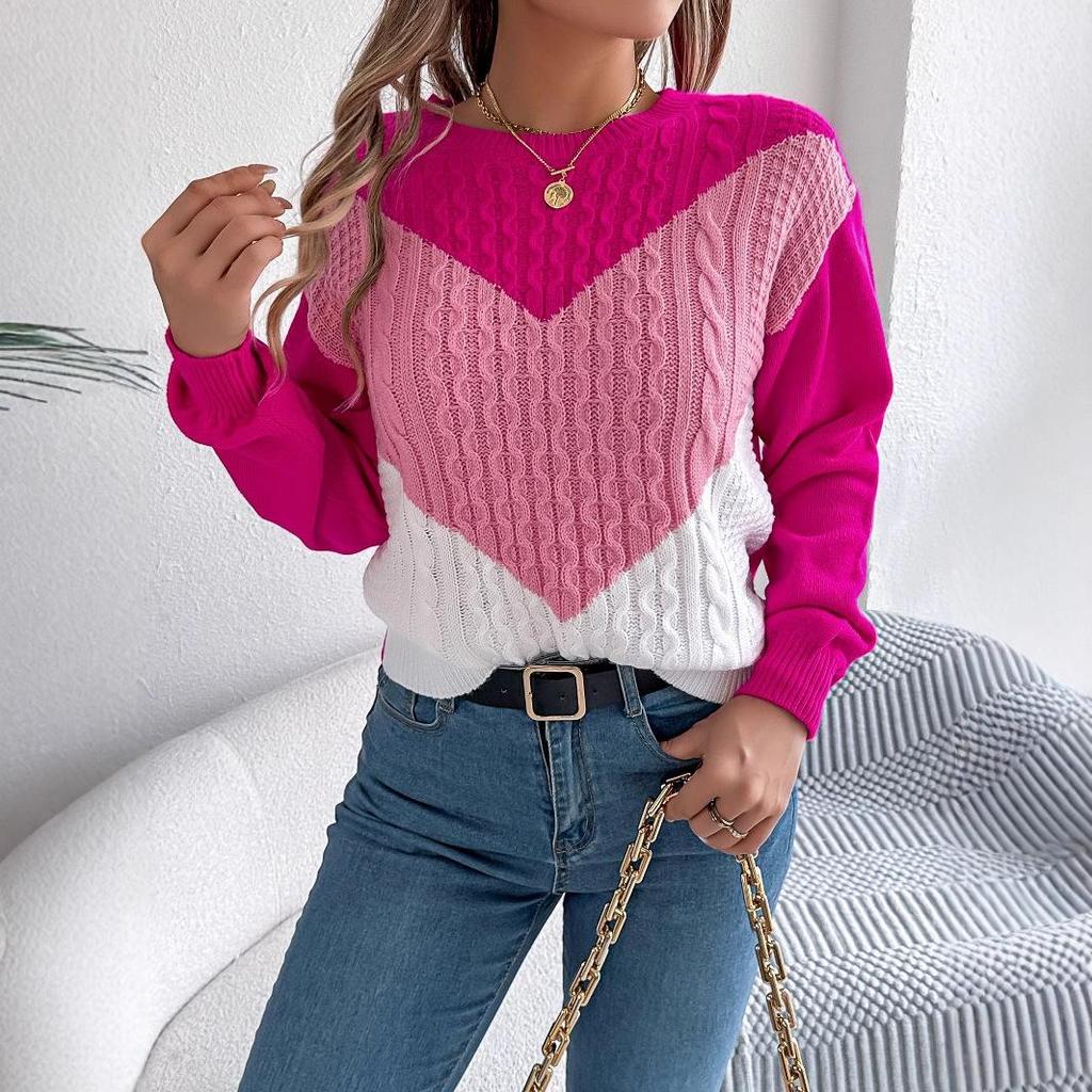 Maglione Pullover Casual da Donna Autunno e Inverno con Maniche a Lanterna e Treccia Color Block