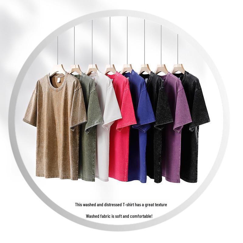 Retro Washed Distressed Short Sleeve T-shirt - 250g High Density Cotton, 8 Colors