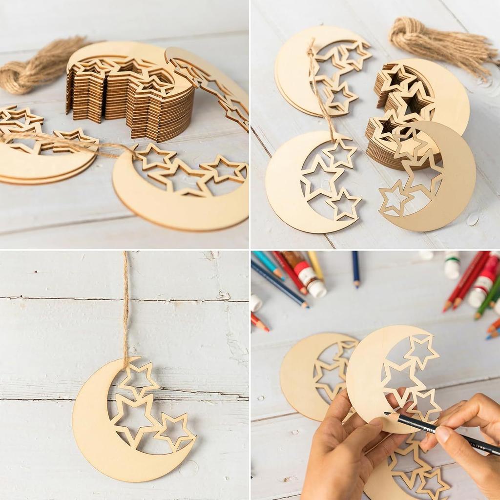 10pcs Wooden Moon and Star, Eid Decorations, Gurbani Festival Decorations, Wooden Gift Packaging Tags, DIY Crafts, Handicrafts