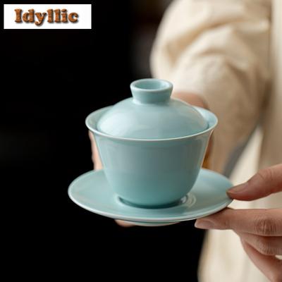150ml Cyan Congealed Fat Matte Gaiwan Boutique Tea Tureen Tea Bowl With Lid Kit Tea Maker Cover Bowl Chinese Tea Set Collection