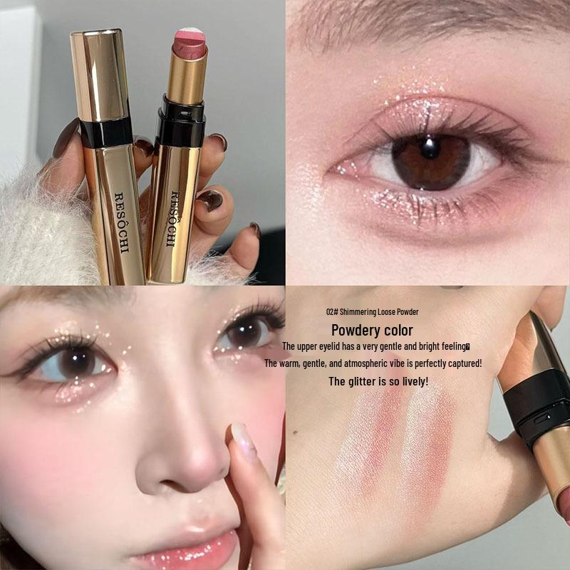 Tri-Color Pearlescent Foil Eyeshadow Stick: No-Fallout, Long-Lasting Glitter Eye Makeup with Easy One-Swipe Application and Gradient Effect.