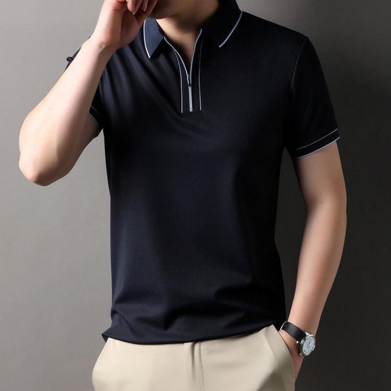 Men s Korean-Style Breathable Solid Color Cotton Polo Shirt Short-Sleeve Lapel Casual Zipper Top M