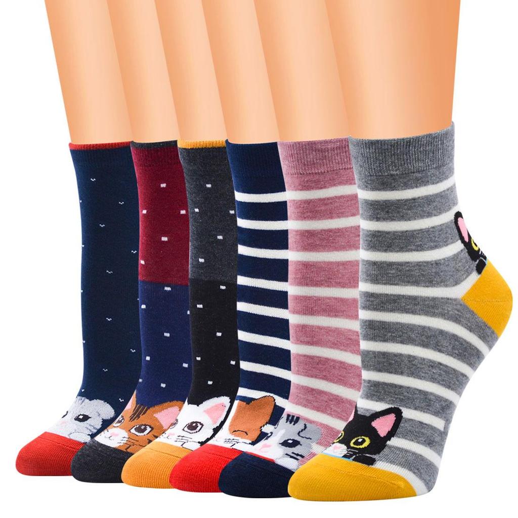 Women's Cute Cat Striped Cartoon Socks - Cotton Mid-Calf