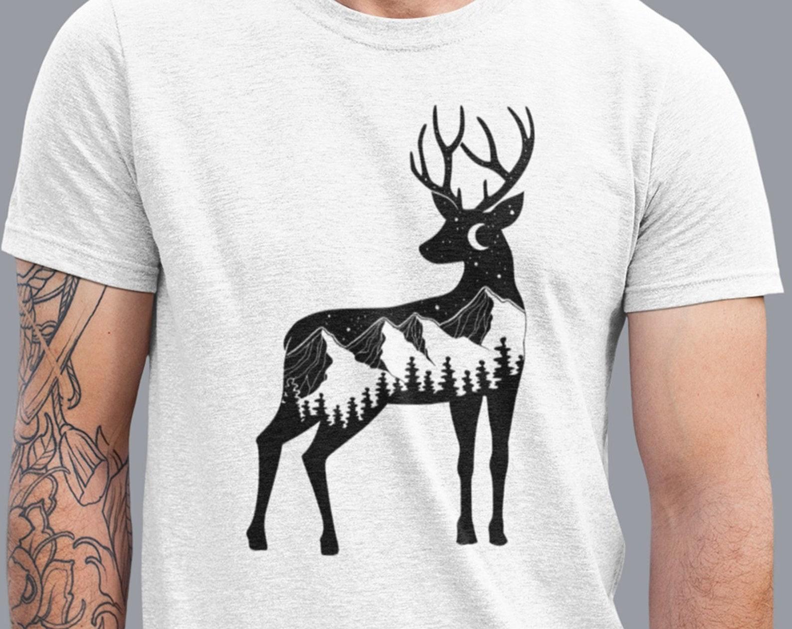 Night Nature Forest Deer Shirt Men, Double Exposure Deer Tee, Nature Tee, Mens Forest Graphic Unisex T-Shirt, Boyfriend Gift, Mountain Shirt 3XL