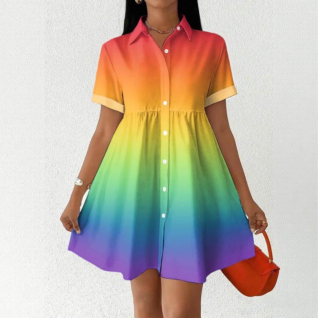 Women’s Casual Loose Shirt Dress Button Front Stand Collar Short Sleeve Gradient Print Relaxed Fit Tunic Dress for Daily Wear