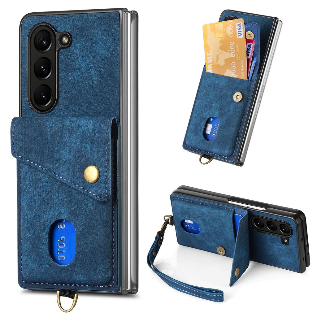 D1 For Samsung Galaxy Z Fold6 5G Case Kickstand Card Bag Leather+PC Phone Cover with Strap