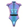 Womens Halloween Saucer Man Costume Role Play Design Mock Neck Zipper Front Bodysuit Cap Sleeve Catsuit