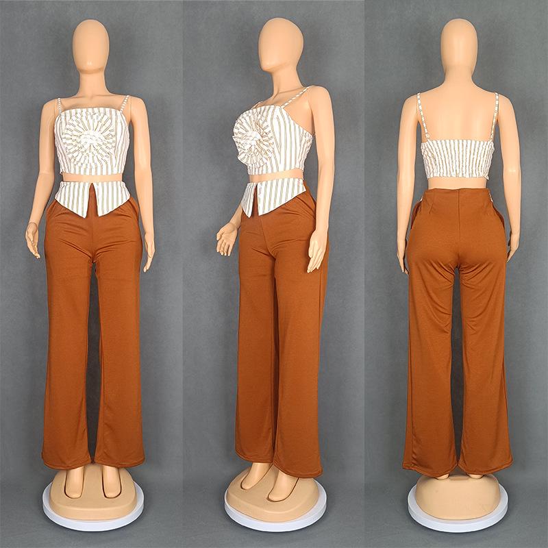 European-American Design Women's Striped Floral Tube Top & Straight-Leg Pants Set