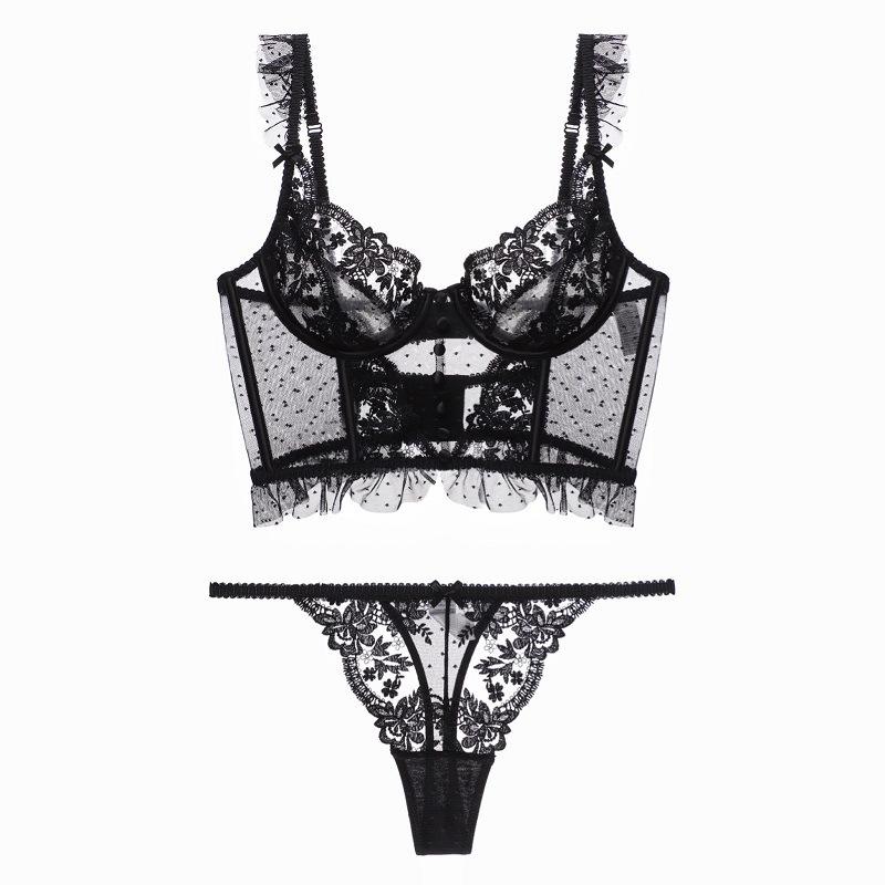 Sleek Lace French Vest Bra & Thong Set - Bestselling Sexy Lingerie with Thin Steel Support and Elegant Back Design.