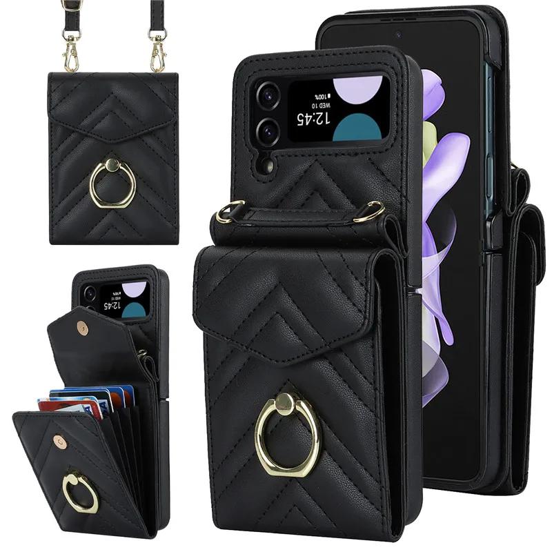 Lanyard Leather Wallet Card Phone Case for Samsung Galaxy Z Flip 7 6 5 4 3 Flip6 Flip5 Flip4 Flip3 Crossbody Ring Holder Cover