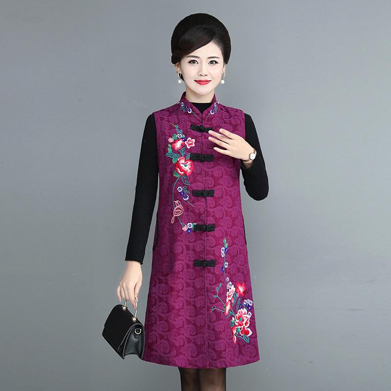 Women's Ethnic Embroidered Fleece Vest - Mid-length, Sleeveless Tang Suit for Spring & Autumn