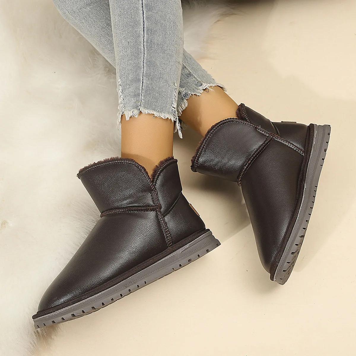 

Модные зимние сноубутсы для женщин Водонепроницаемая кожаная обувь Зимняя меховая хлопковая обувь Толстые плюшевые женские ботильоны Botines Para Mujeres 40 коричневый