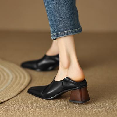 Fashion 2024 Spring/Autumn Women Shoes Square Toe High Heels Leather Chunky Heel Women Pumps Retro Slip On Black Shoes for Women