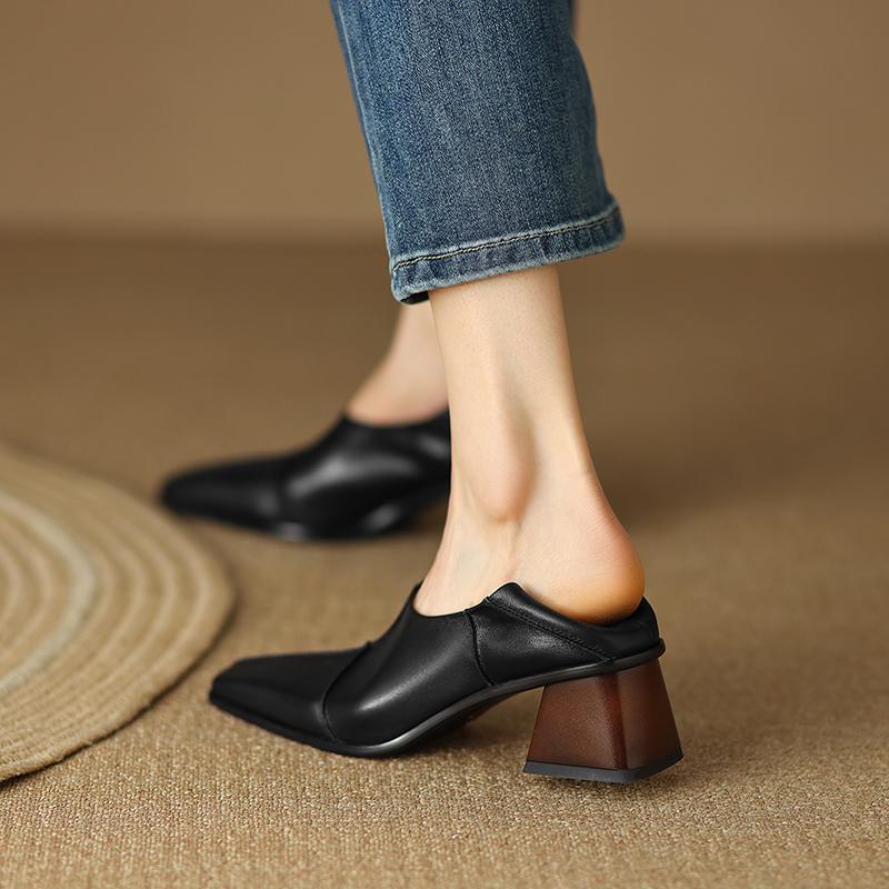 Fashion 2024 Spring/Autumn Women Shoes Square Toe High Heels Leather Chunky Heel Women Pumps Retro Slip on Black Shoes for Women