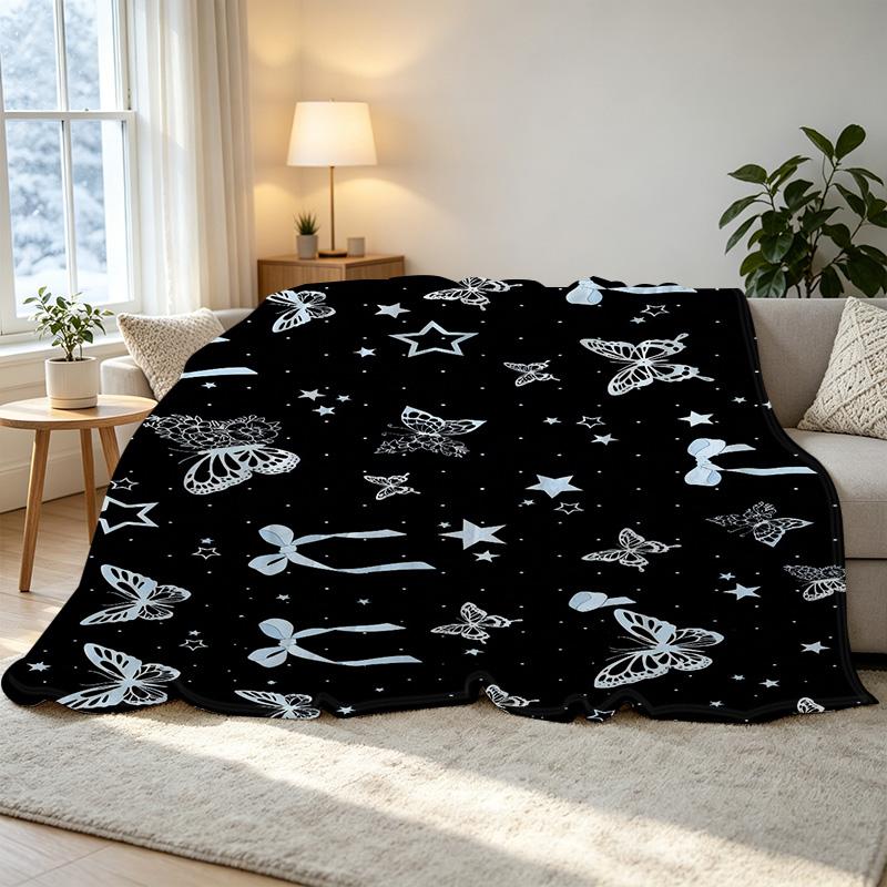 Butterfly & Star Flannel Fleece Blanket – Soft, Warm, Skin-Friendly, Breathable, Perfect for Home Decor, Sofa, Bed, Dorm, Christmas & Halloween