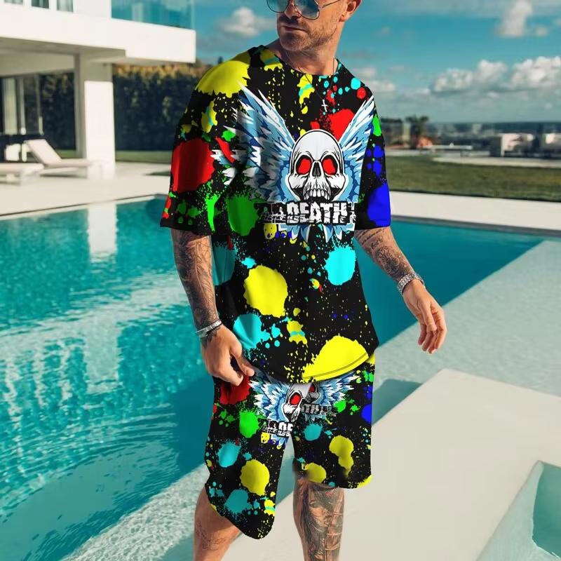 Fashionable Men's Sportswear Summer Beach Short Sleeved 3D Printed Shirt Set Street Wear T-shirt Shorts Men's Loose, Soft, Comfo