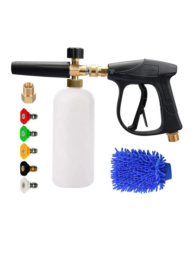 

Комплект для мойки автомобиля Головка водяного пистолета высокого давления Внешний провод 22 Внутренний 14 Веерообразный пенный бак Полиамидный бак с пятицветной насадкой чёрный