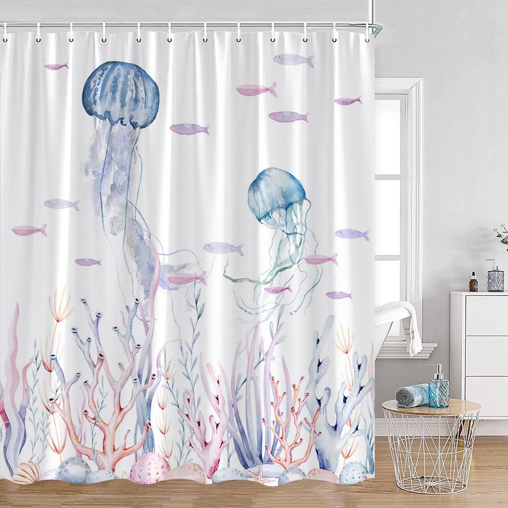 Cartoon Ocean Animals Watercolor Shower Curtains Octopus Turtle Jellyfish Whale Sea Bathroom Decorations Polyester Bath Curtains