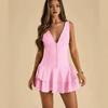 Pink deep V fishbone dress sleeveless double-layer ruffle edge waist thin Spice girl skirt