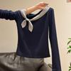 Navy Blue Rabbit Ear Tie Long Sleeve T-Shirt for Female Students - Versatile Early Autumn Uniform Top