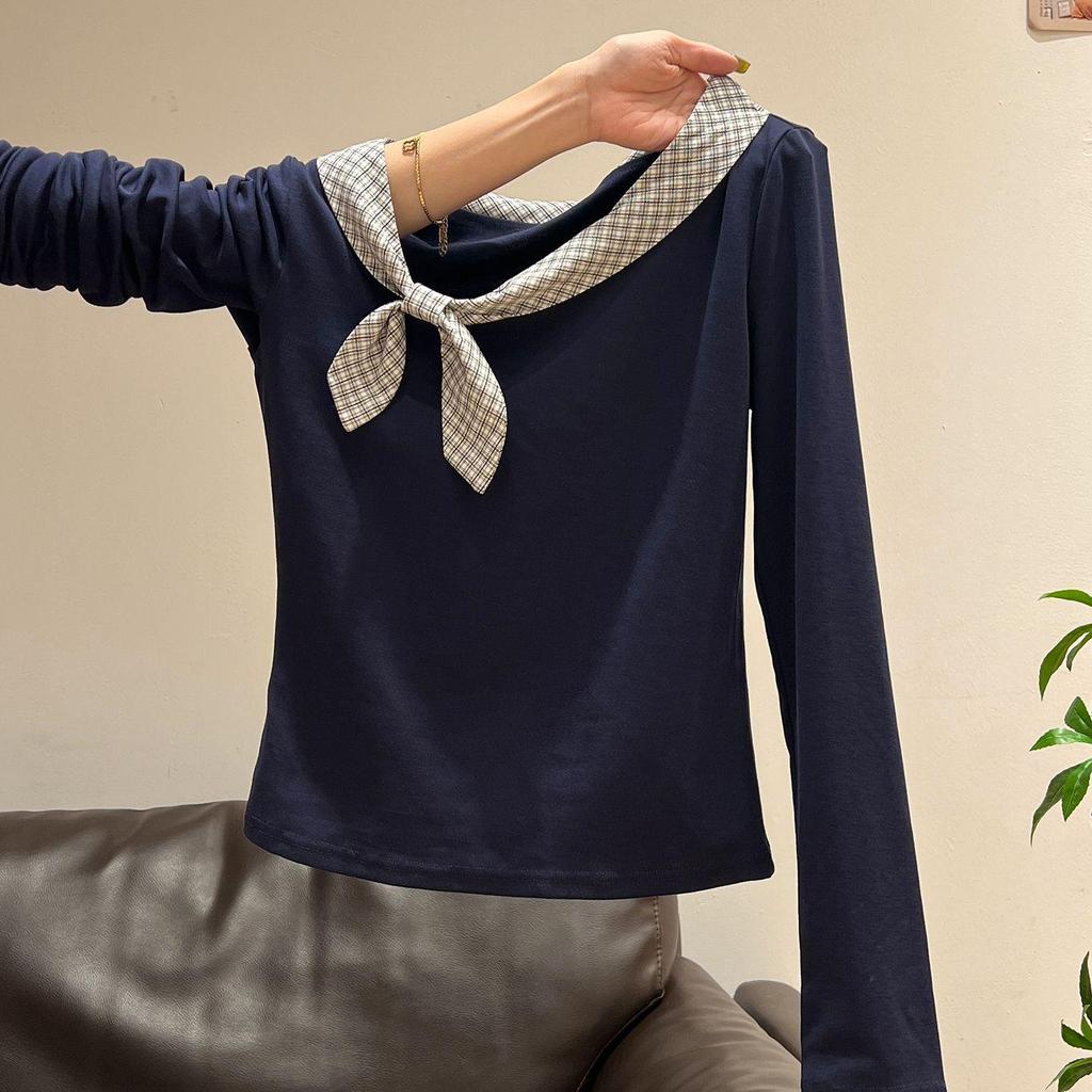 Navy Blue Rabbit Ear Tie Long Sleeve T-Shirt for Female Students - Versatile Early Autumn Uniform Top