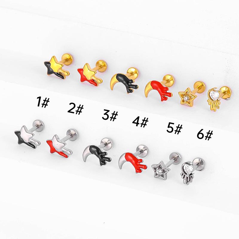 316L Stainless Steel Enamel Zircon Star & Moon Stud Earrings - Colorfast Unisex Jewelry