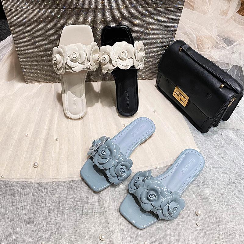 Fashion designer camellia slippers women black white mixed color slides shoes ladies flower decoration flip flops floral sandalias mujer