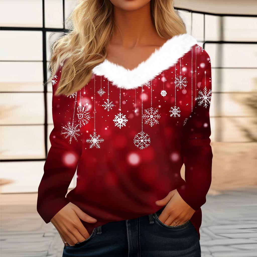 Women's T Shirt Tee Christmas Print Shirt Long Sleeve Party Christmas Fleece Collar V Neck  Top