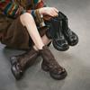Genuine Leather Patchwork Mesh Thick Heel Hollow-out Boots Retro Women's Platform Shoes