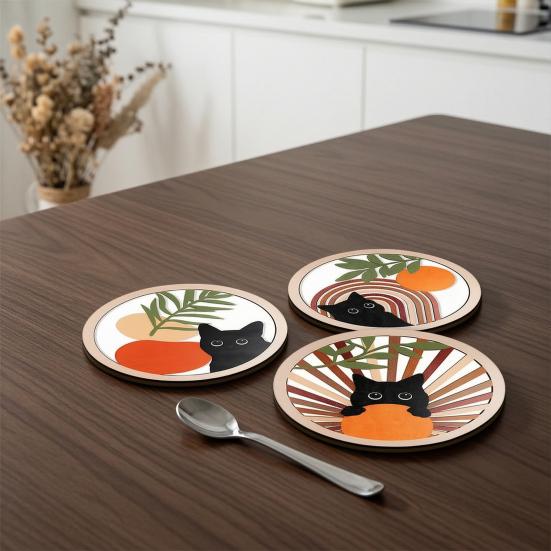 4Pcs Healing Black Cat Wooden Coaster, Creative Heat Insulation Mat, Anti Slip Thickened Desk Protector for Coffee Cup