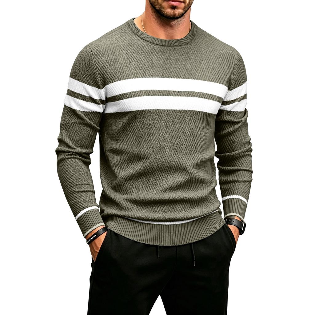Men's Striped Round Neck Pullover Sweater Casual Long Sleeve Knit Top for Fall Winter