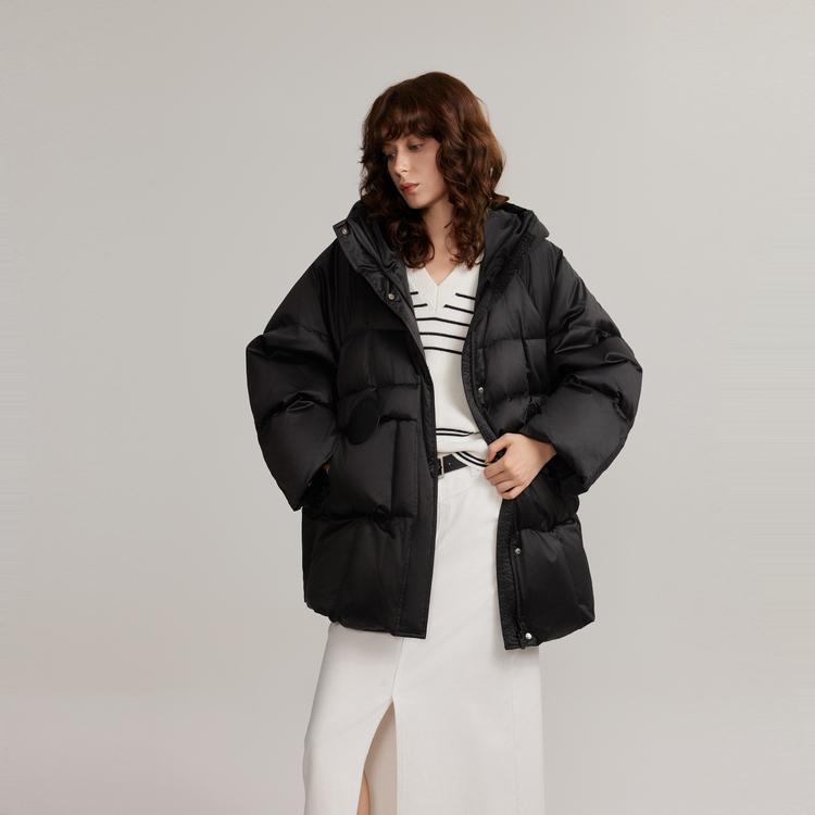 ELLE French Warm Solid Color Hooded Basic Down Jacket Women outerwear Black EY49322
