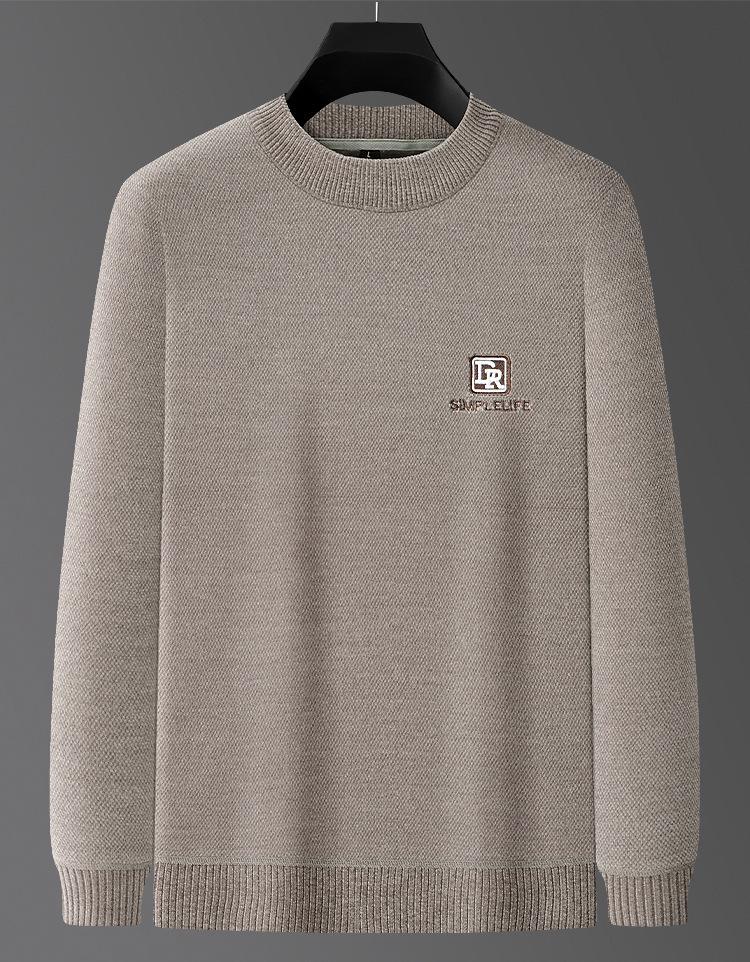 2025 Winter Men's Embroidered Fleece Sweater - Round Neck, Plus Velvet Chenille Knit, Thickened Base Layer Top