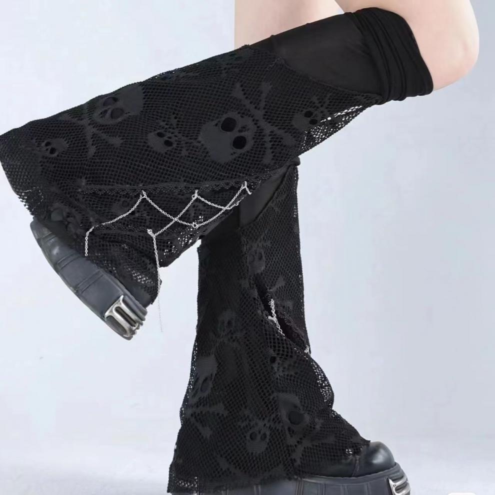 Skeleton Thigh-High Fishnet Leg Warmers: Dark Subculture Flared Scrunch Socks