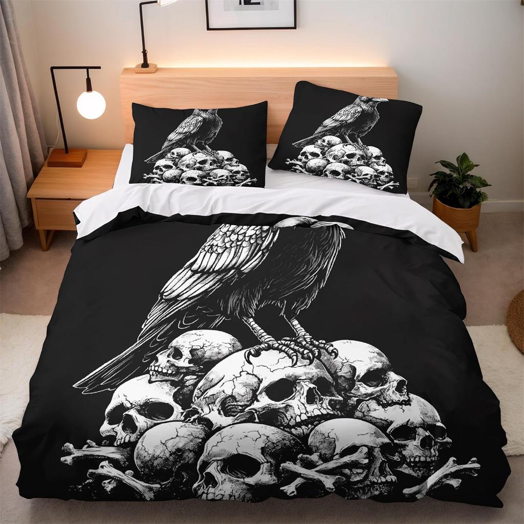 Crow Skeleton Microfiber Bedding Set With Pillowcases 50x75cm, Vintage 3D Printed Quilt Cover With Zipper For Kids Aldults