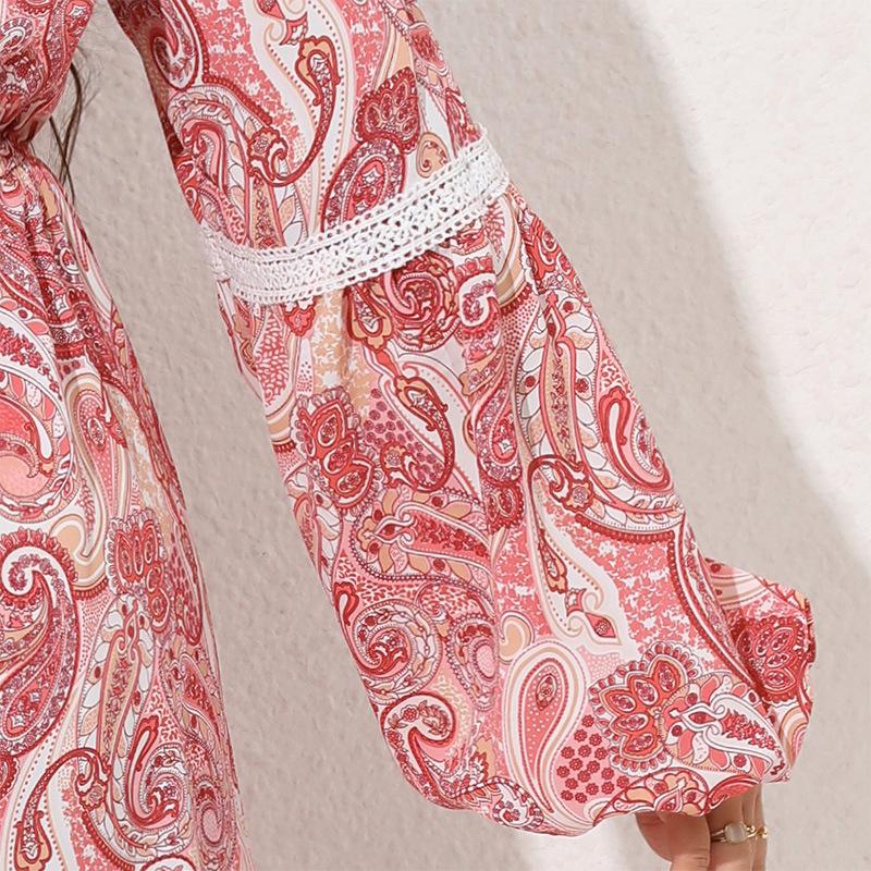 Vår och Höst Dam Plus Size Etnisk Stil Tryckt Klänning Patchwork V-Hals Långa Klänningar