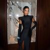 Women Solid Color High Split Slim Long Evening Prom Dress With Gloves