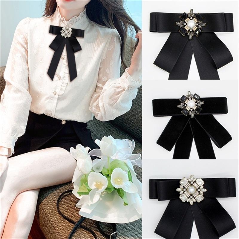 ’ 1Pc Black Fabric Bow Brooches For Women College Style Collar Flower Lapel Pins Crystal Necktie Fashion Jewelry Gifts