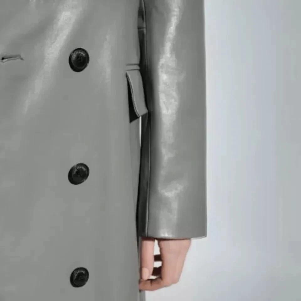 Trench Coat Genuine Lambskin Leather Handmade Stylish Grey Designer Women's Long